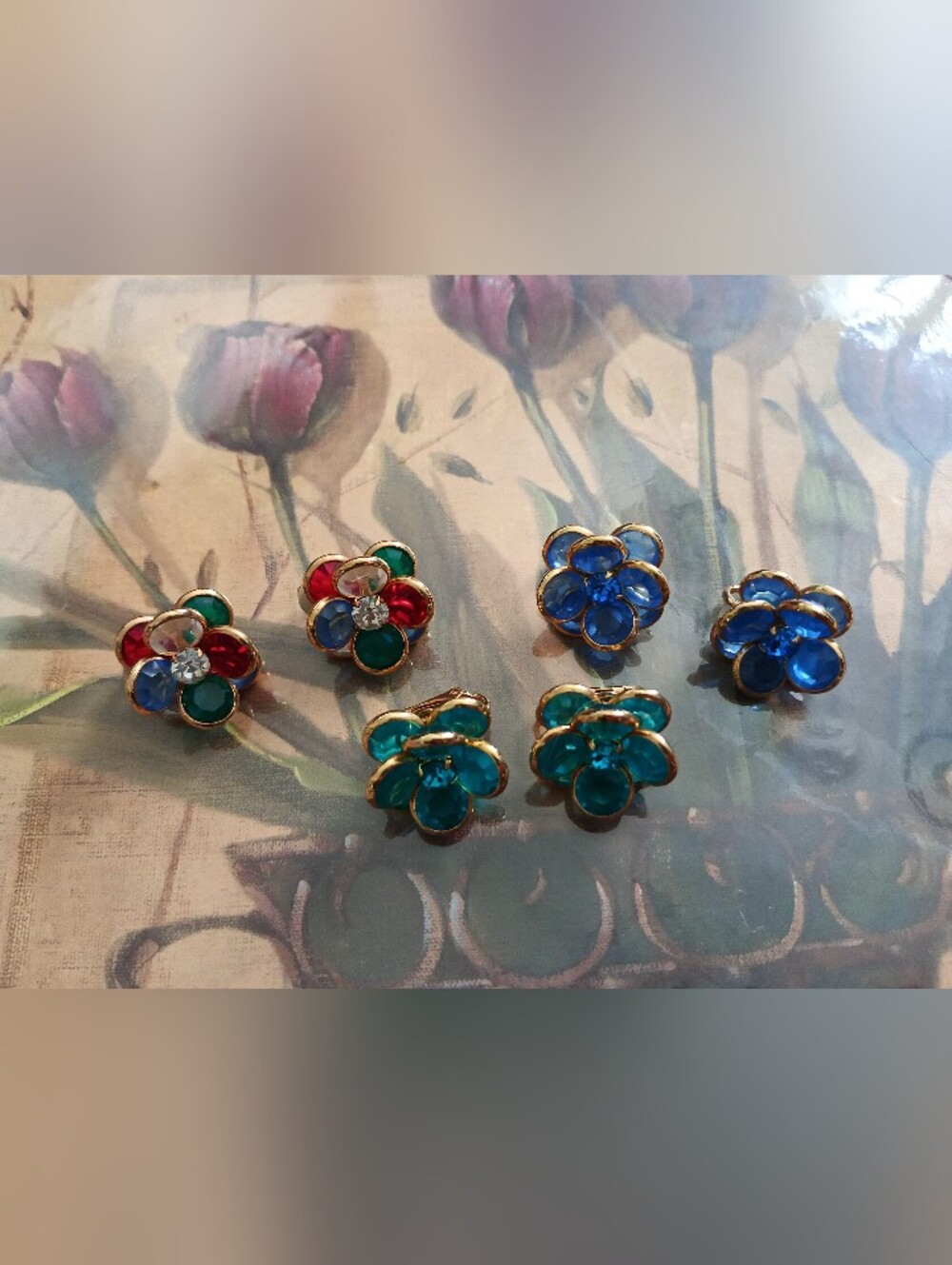 3 Pair of Vintage Flower Crystal Clip Earrings